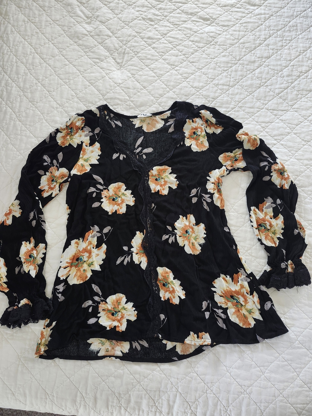 Black Floral Lace-Trim Blouse, Made in USA, Size M